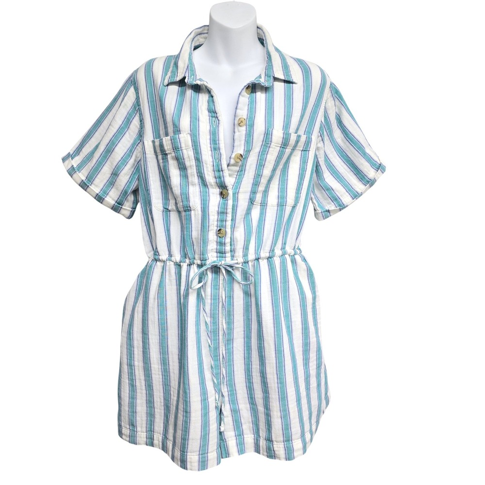 Old Navy Womens Blue Teal Striped 100% Cotton Romper Size L NWT Cottagecore Boho